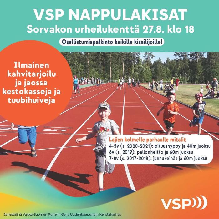 Tervetuloa VSP:n nappulakisoihin ke 27.8. klo 18 Sorvakon urheilukentälle 🏃🏃 Paikalla kahvitarjoilu ☕ ja jaossa kesto...